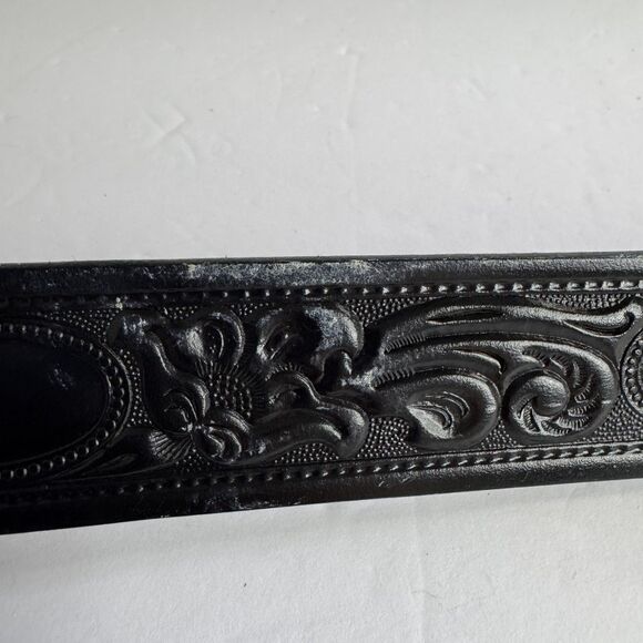 Vintage Looper Belt Embossed Black Horse Hook Hinge Cabochon Western Cowboy 38 main image 10